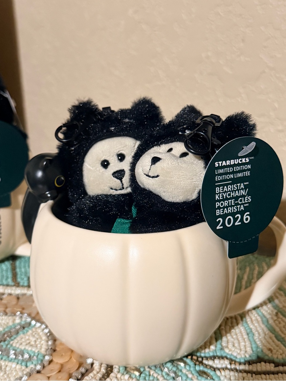 Starbucks Black & White Bearista Plush Keychain Duo and mug